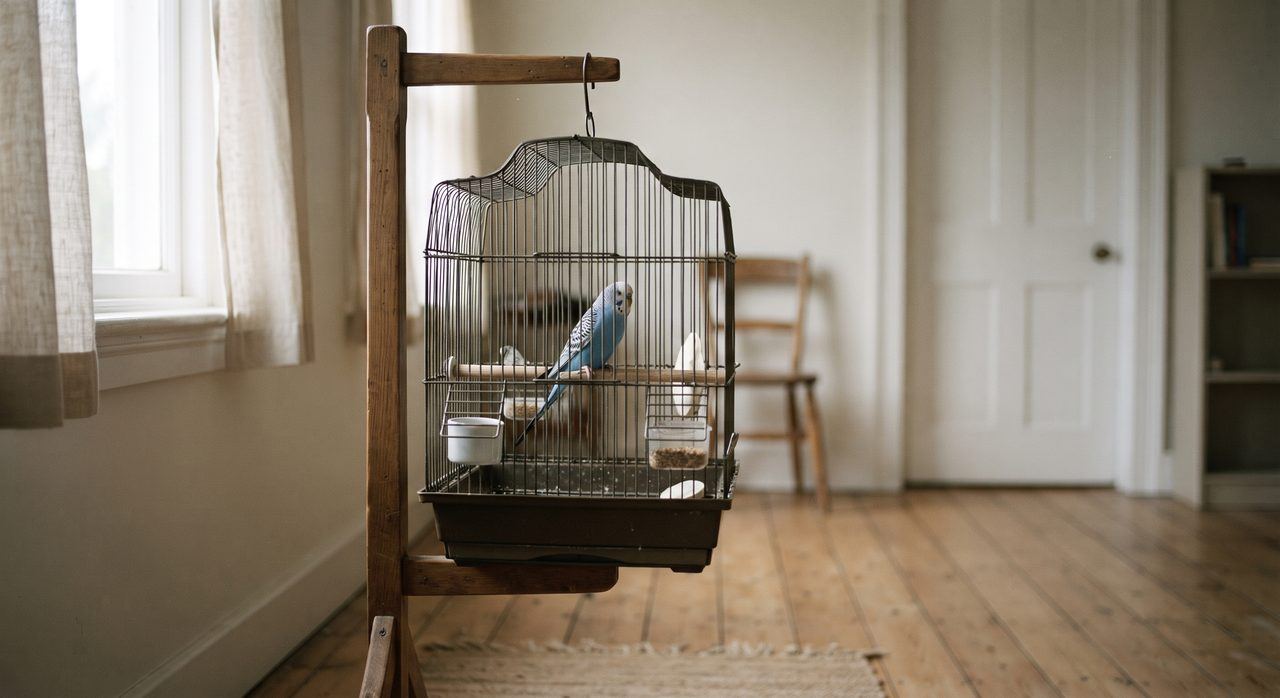 新しく迎えたセキセイインコの入った鳥かごが、静かな別室にひとつだけ置かれている様子