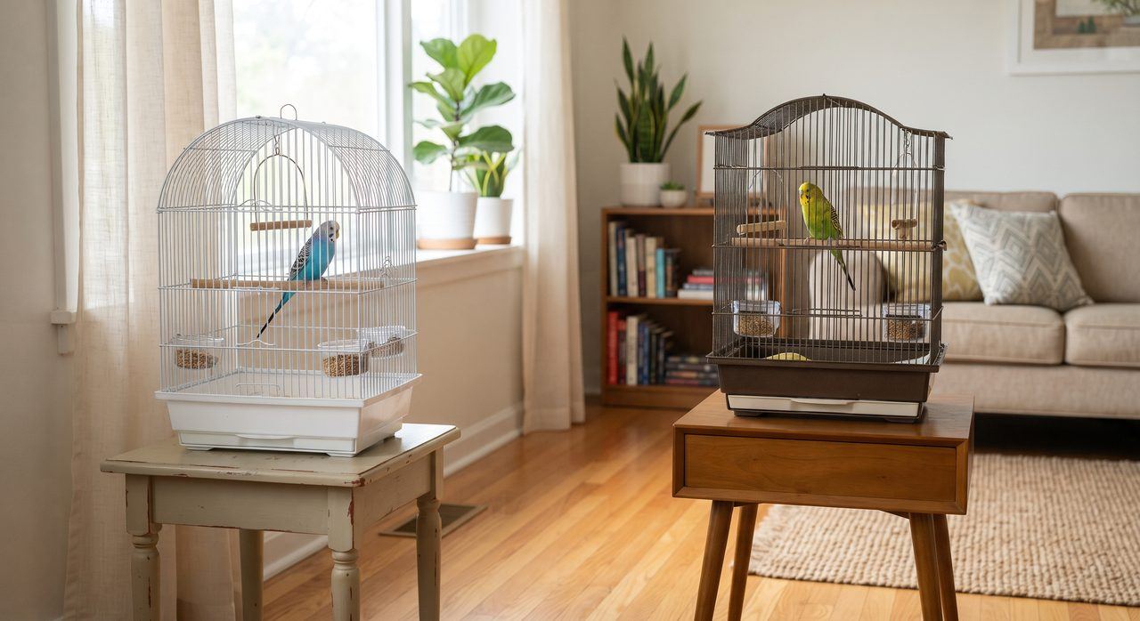 室内で少し距離を置いて並べられた2つの鳥かご、それぞれにインコが1羽ずついる様子