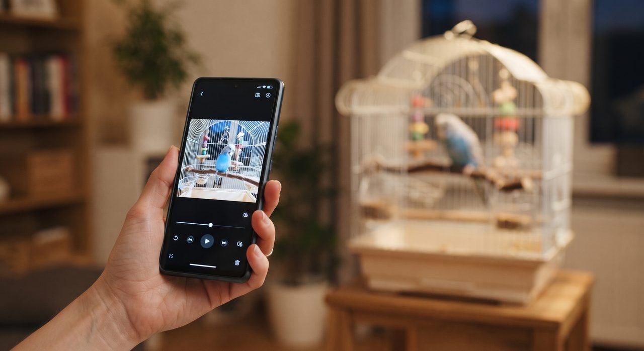 スマートフォンの見守りカメラアプリの画面と、奥にぼんやり見える鳥かごの中のセキセイインコを組み合わせた写真