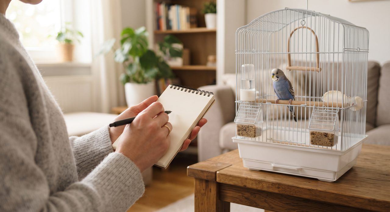 鳥かごのそばでノートを手に持ちながら確認している様子