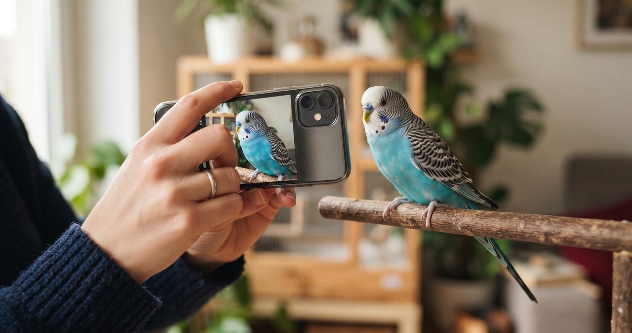スマートフォンでセキセイインコの写真を撮影している人物の手元の写真
