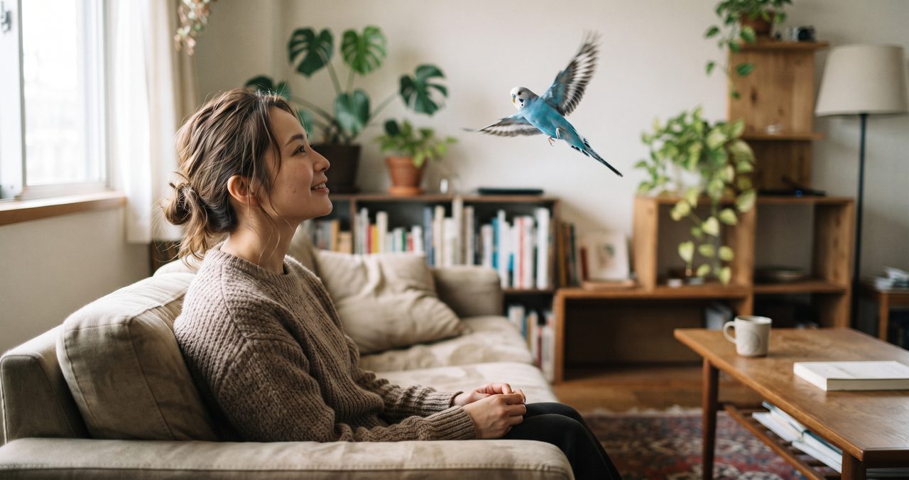 放鳥中の部屋でソファに座りながら飛び回るセキセイインコを見守っている人物の写真