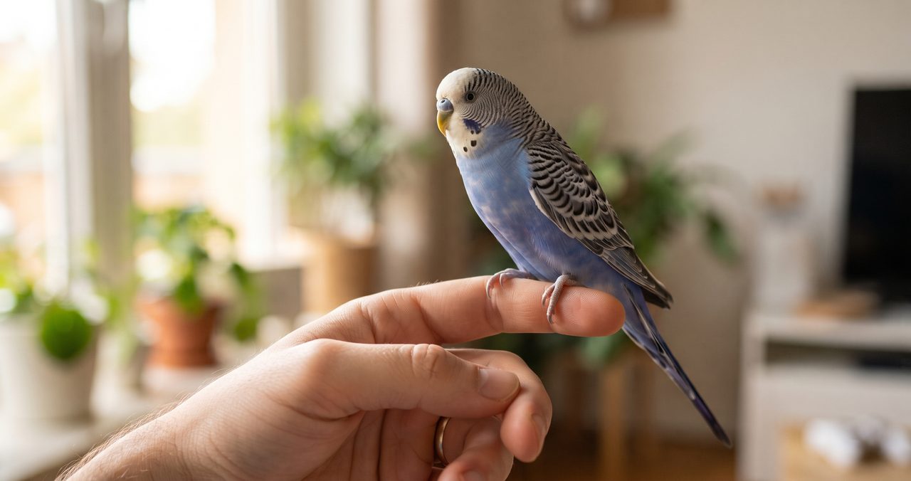 指に乗せたセキセイインコに優しく話しかけている人物の手元のクローズアップ写真