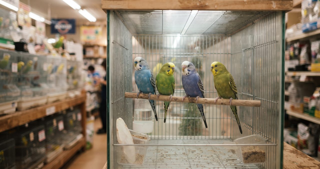 ペットショップの陳列棚に置かれたケージの中で複数羽のセキセイインコが止まり木にとまっている様子