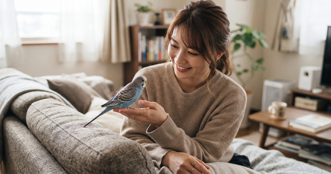 賃貸の部屋のソファでくつろぎながら手に乗せたセキセイインコと過ごしている人物の写真