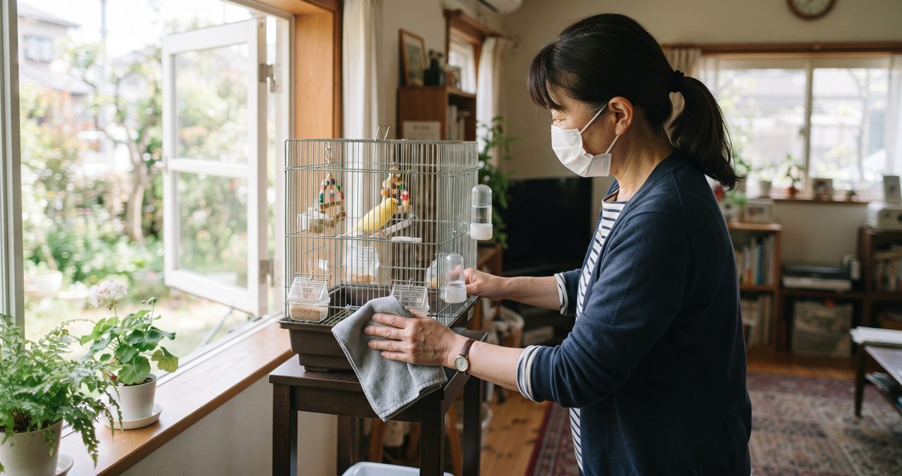 マスクを着けてケージ周りを掃除しながら部屋の窓を開けて換気している人物の写真