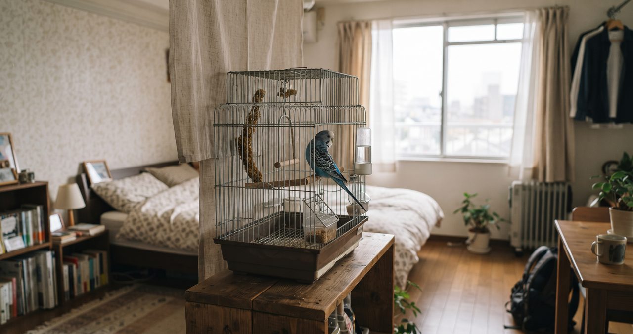 賃貸ワンルームの窓際から少し離れた場所にバードケージが置かれ、セキセイインコが入っている生活感のある部屋の写真