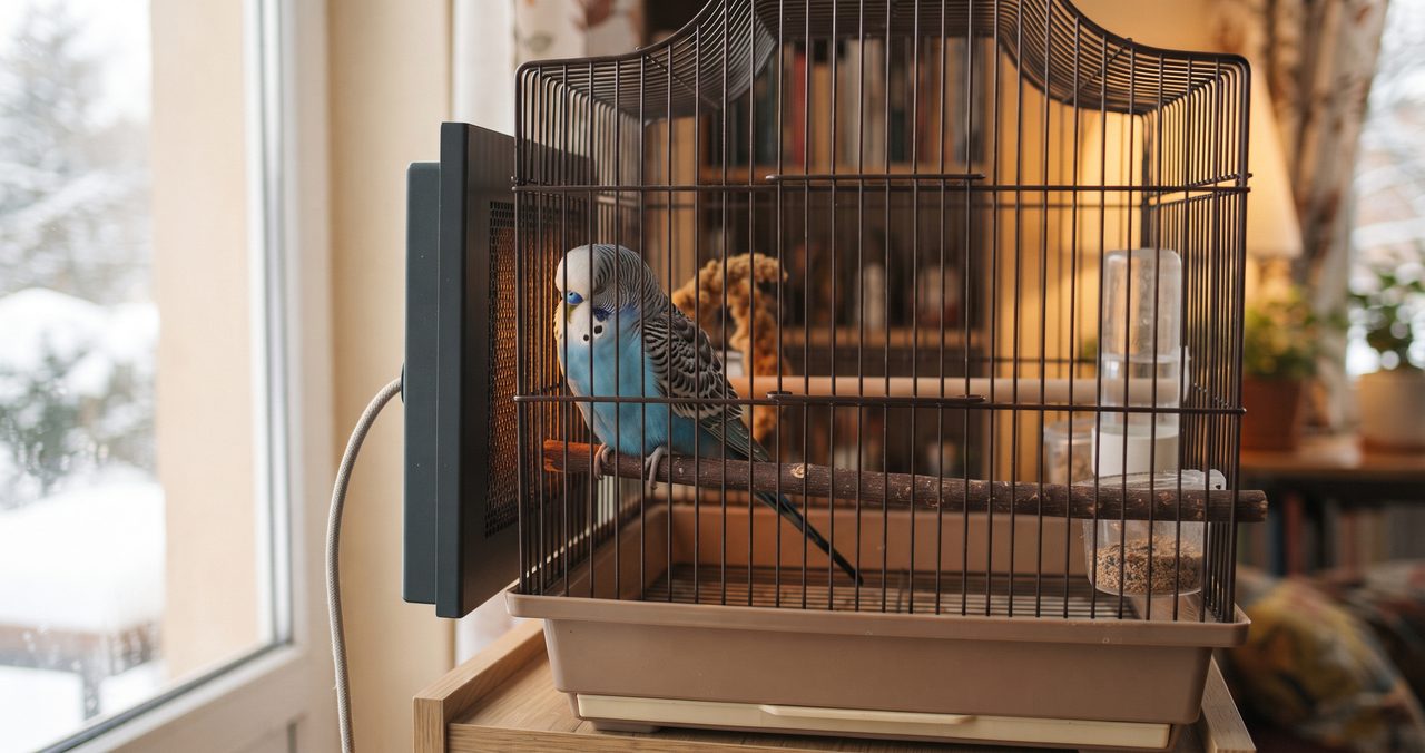 冬の室内でバードケージの外側にペットヒーターが取り付けられセキセイインコがその近くで過ごしている様子