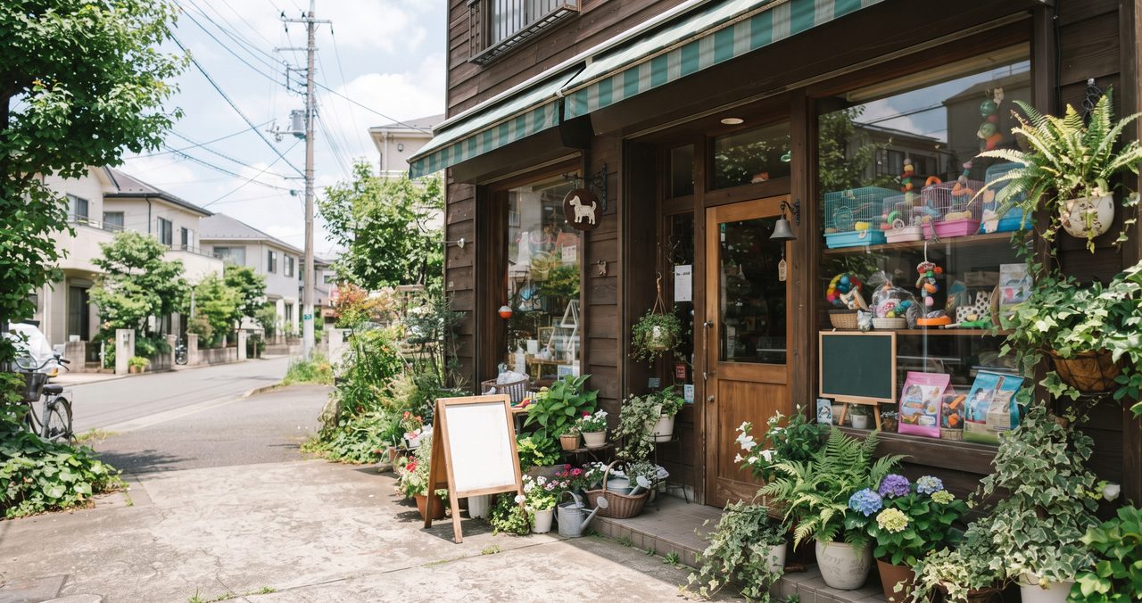 小鳥コーナーのある小さなペットショップの店頭外観の写真