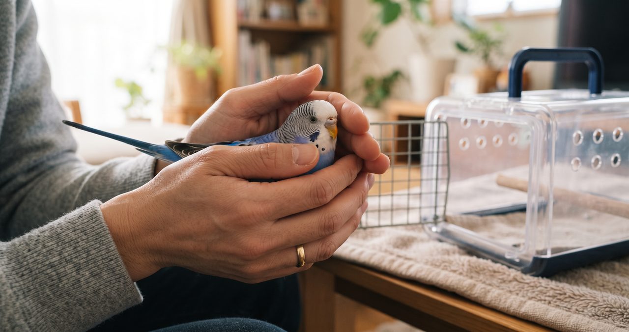 小さなキャリーケースからそっと取り出したセキセイインコを両手で優しく包み込むように迎え入れている人物の手元の写真