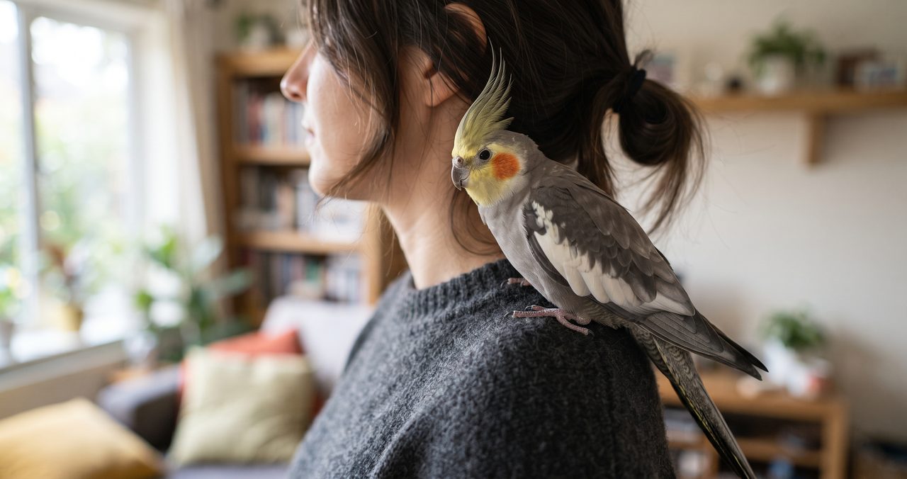 人物の肩に乗って甘えているオカメインコの実写風写真