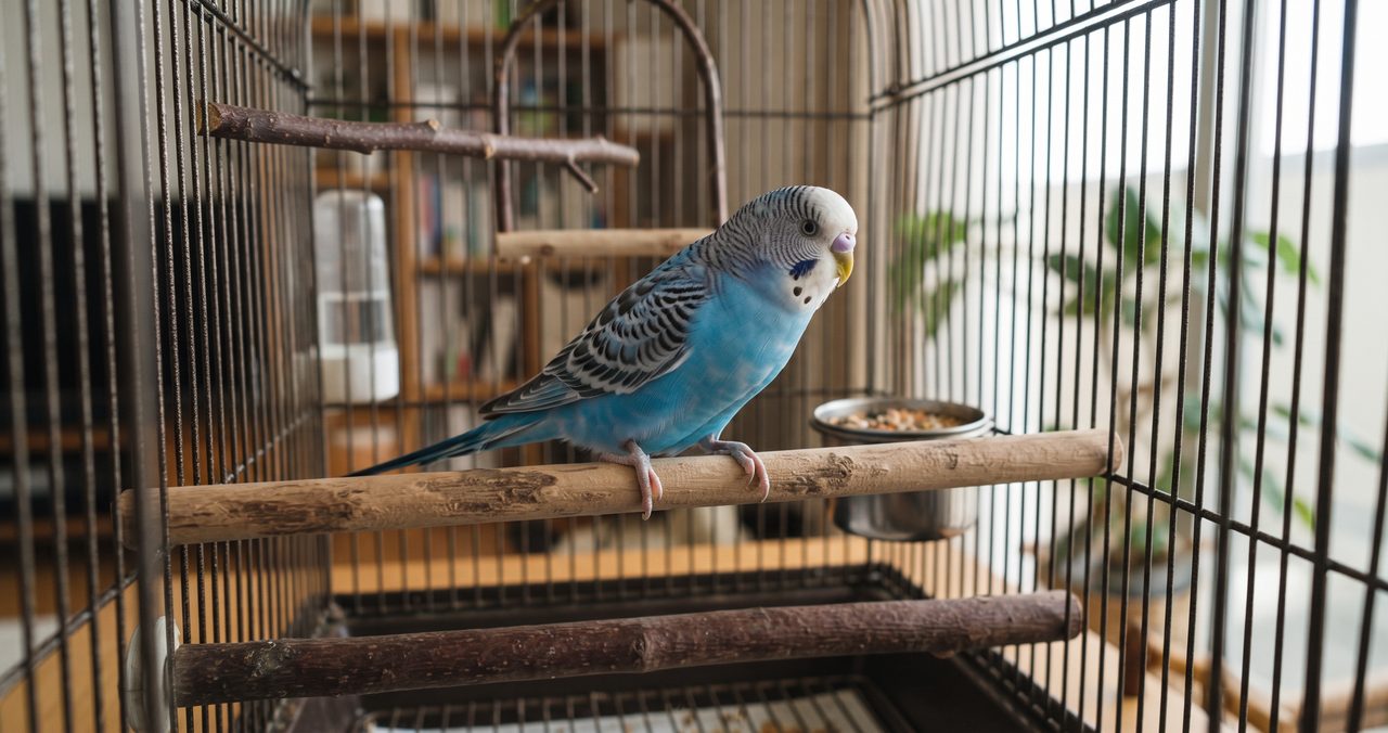 太さの異なる木製の止まり木が複数本設置されたケージの中でセキセイインコが過ごしている様子