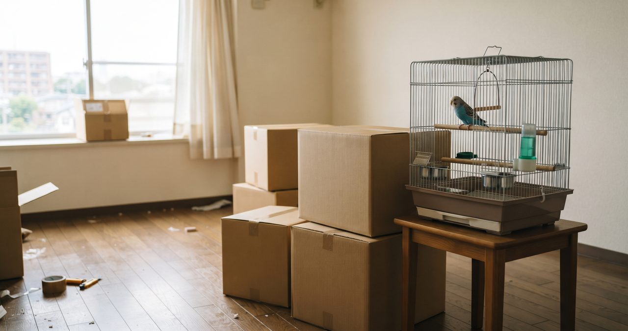無地の段ボール箱が積まれた部屋の中に置かれた鳥かご、引っ越しに伴う生活の変化を表す情景