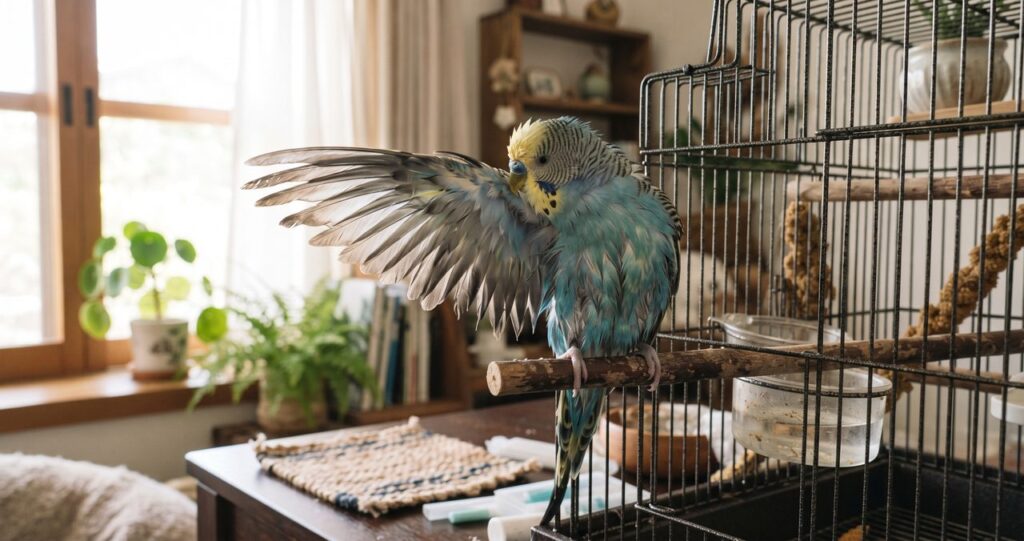 水浴びを終えたセキセイインコが窓辺のケージで止まり木にとまり羽づくろいをしている様子、小鳥のお手入れの基本を表すアイキャッチ画像