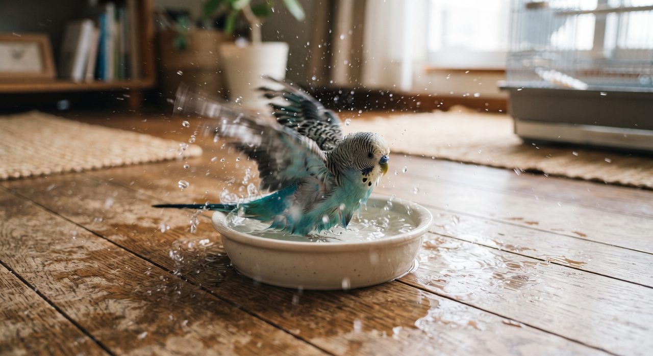 室内の床に置かれた浅い皿の中で羽を広げて水浴びをするセキセイインコ、水しぶきが飛ぶ様子を写した写真