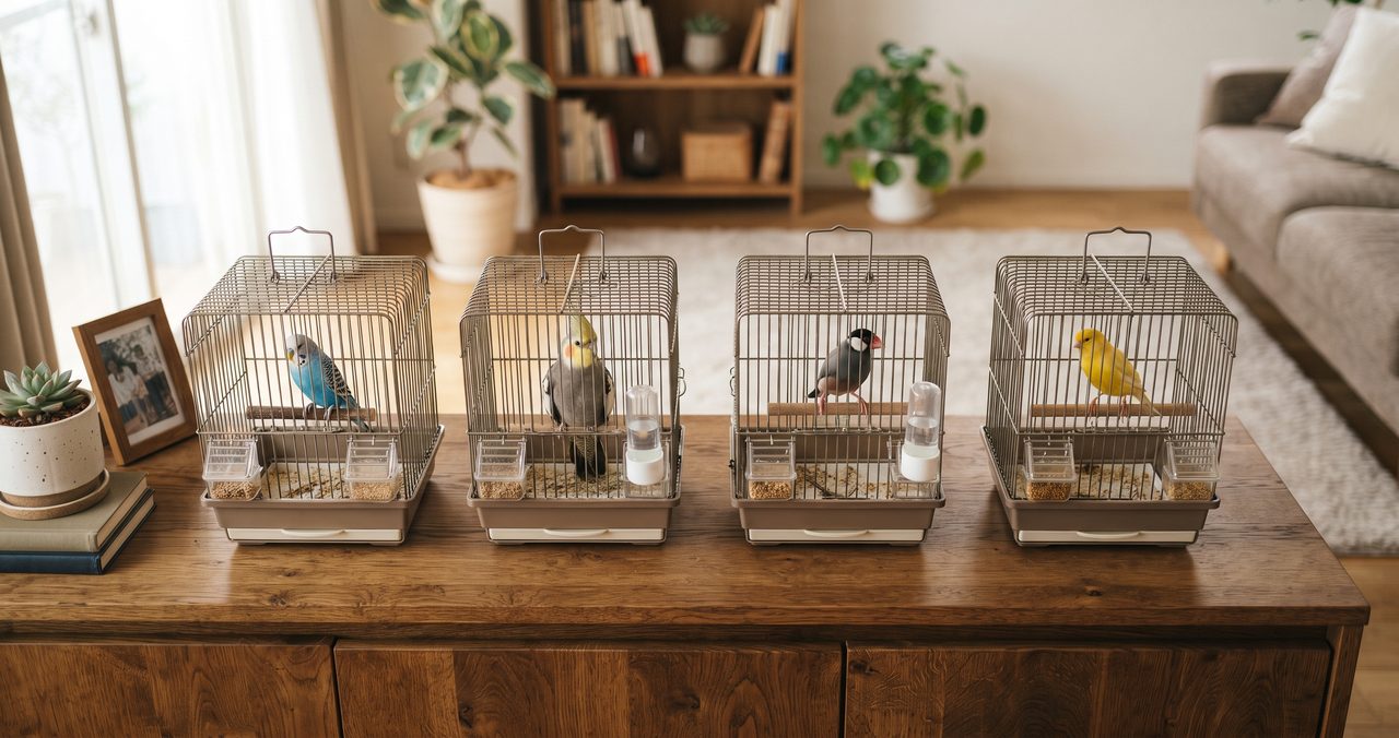 セキセイインコ・オカメインコ・文鳥・カナリアの鳥かごが並ぶ様子