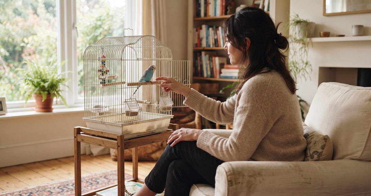 鳥かごのそばで小鳥の様子を見守る人の後ろ姿
