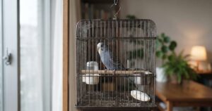 静かな部屋に置かれた鳥かごの中で止まり木にとまるセキセイインコの写真