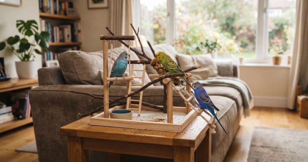 リビングの中で自由に過ごす複数羽のインコの写真
