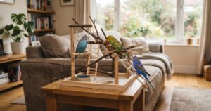 リビングの中で自由に過ごす複数羽のインコの写真