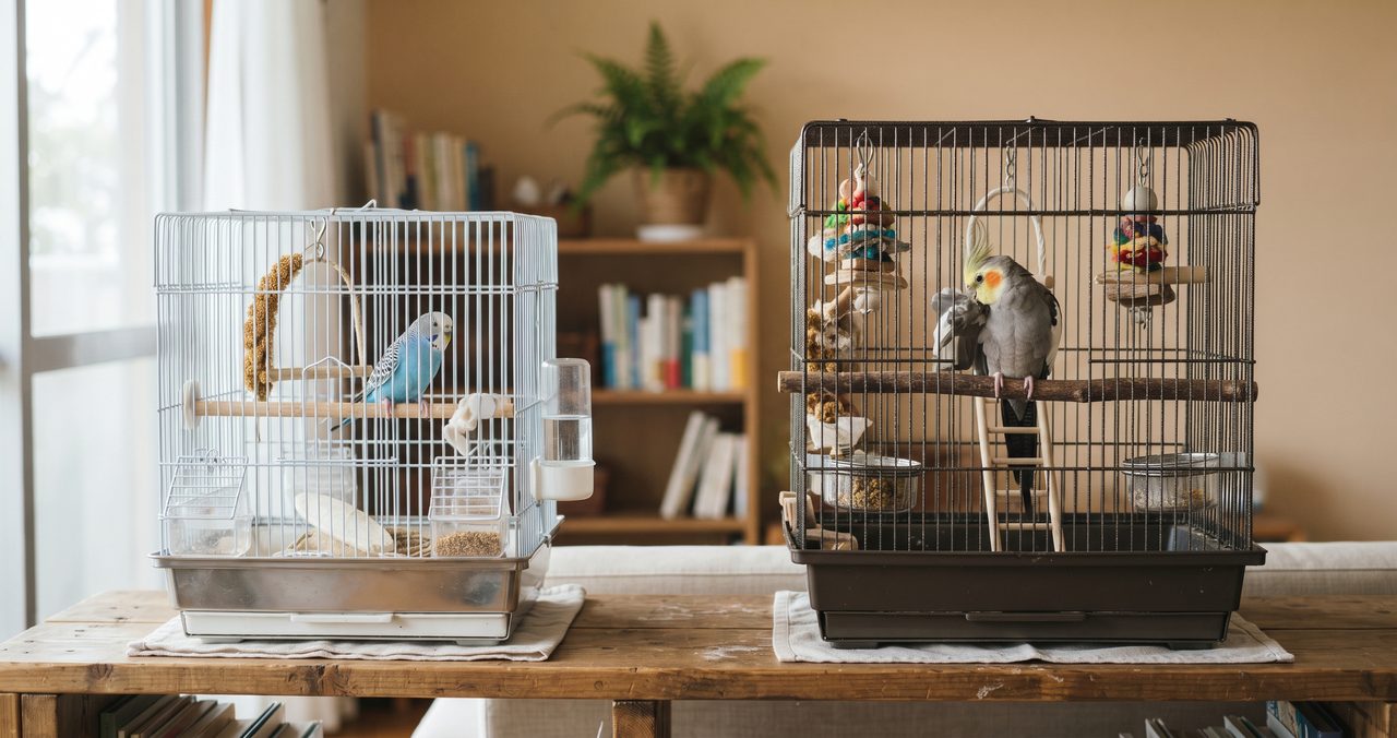 離れた場所に置かれたセキセイインコとオカメインコそれぞれのケージの写真