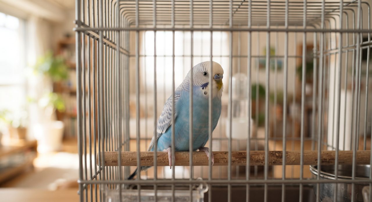 ケージの中で止まり木にとまり、落ち着いた様子で羽づくろいをするセキセイインコ1羽の写真