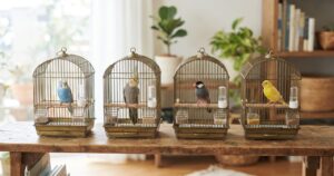 セキセイインコ・オカメインコ・文鳥・カナリアの鳥かごが並ぶ様子