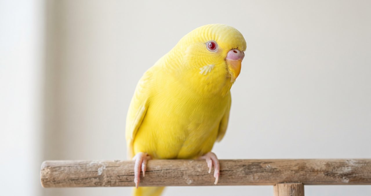 ルチノー種のセキセイインコのクローズアップ、蝋膜が薄いピンク色