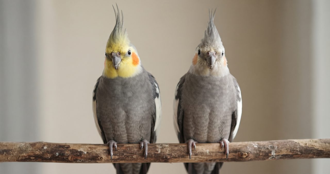 2羽のオカメインコの顔色の違い、左は鮮やかな黄色とオレンジのチーク、右は控えめな色合い