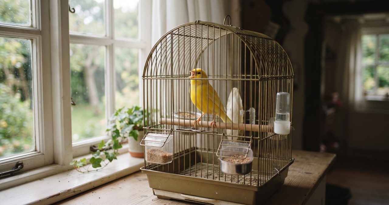 窓辺の鳥かごの中でさえずるカナリア