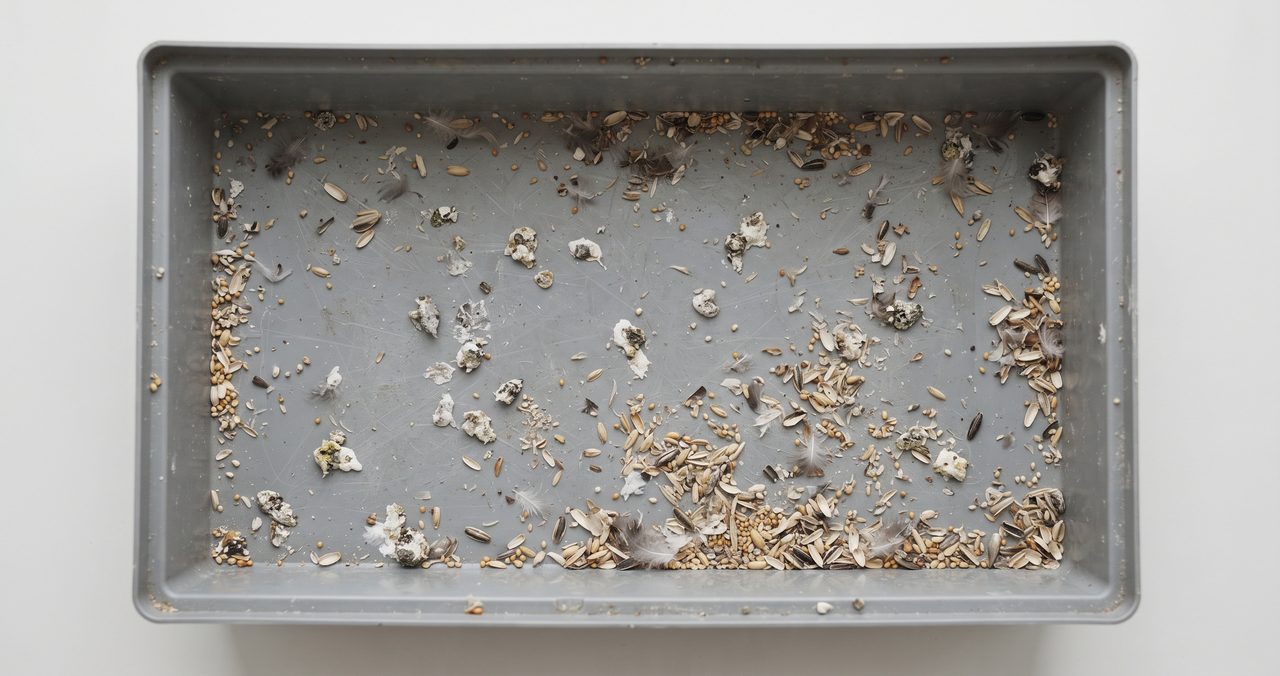 鳥かごの底に設置されたフン受けトレイに、乾いた小さなフンと殻付きの種子の食べこぼしが散らばっている様子