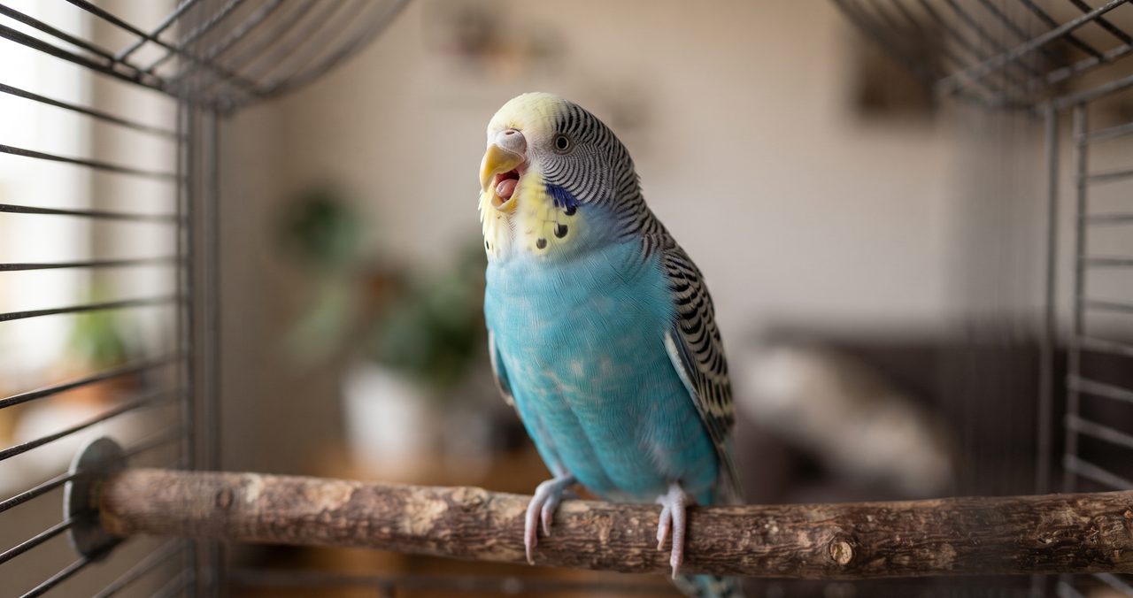 室内のケージの中、木の止まり木にとまったセキセイインコがくちばしを大きく開けてさえずっている様子