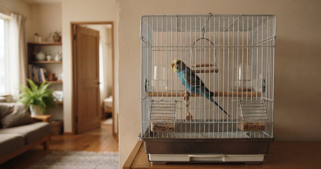 リビングの鳥かごの中から、部屋の出口の方向を見つめながら鳴いているセキセイインコとケージ周辺の様子
