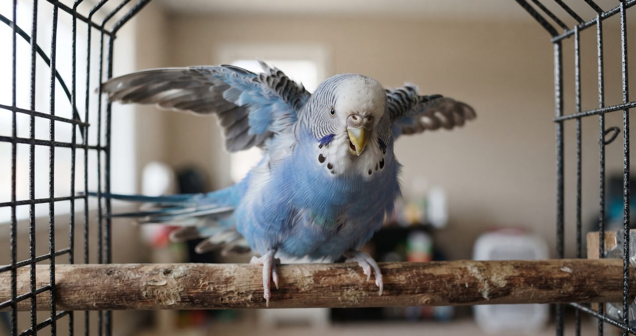 羽を逆立て、翼を広げて体を大きく見せるように威嚇の姿勢を取っているセキセイインコのクローズアップ
