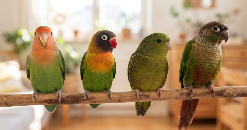 止まり木に並んだコザクラインコ、ボタンインコ、サザナミインコ、ウロコインコの4羽、サザナミインコはずんぐりした丸い体型と短いくさび形の尾を持つ