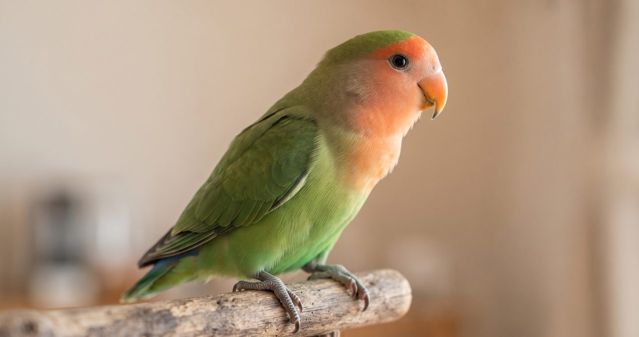 木の止まり木にとまったコザクラインコの横向きクローズアップ、顔から胸にかけてピーチ〜オレンジ色の羽毛で、目の周りに白いアイリング(縁取り)がない顔立ち