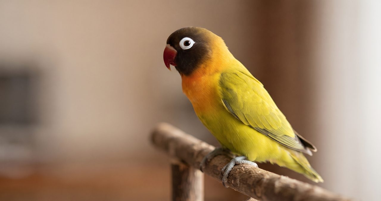木の止まり木にとまったボタンインコの横向きクローズアップ、頭部は黒っぽい羽毛で胸はオレンジ色、目のまわりにくっきりとした白いアイリング(縁取り)がある顔立ち