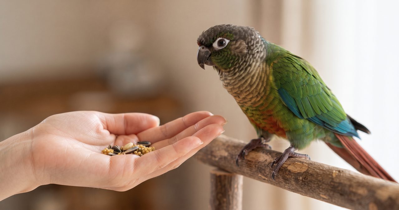 差し出された人の手のひらのそばの止まり木にとまったウロコインコ、手と比べて明らかに体格が大きく、頭部から胸に鱗状の模様がある