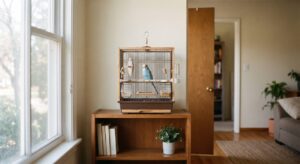 リビングの棚の上に置かれた鳥かご、後ろの壁には別の部屋へ続くドアが少し開いている、動物のいない静かな室内