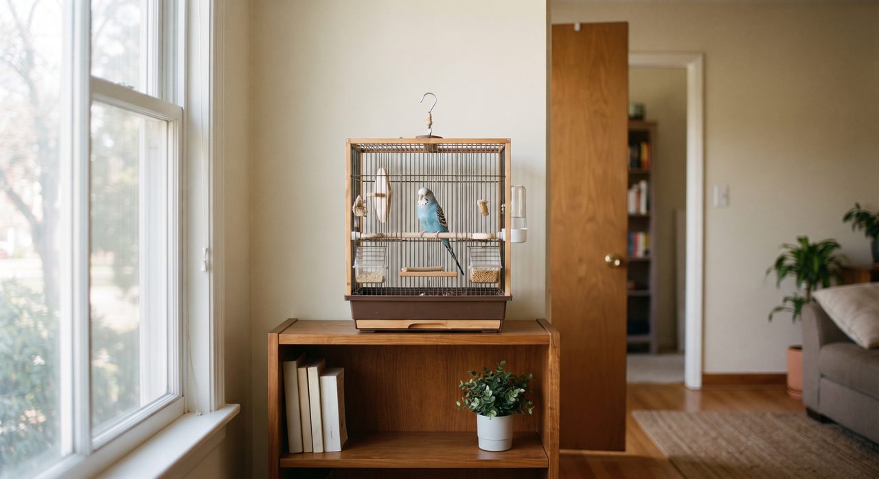 リビングの棚の上に置かれた鳥かご、後ろの壁には別の部屋へ続くドアが少し開いている、動物のいない静かな室内