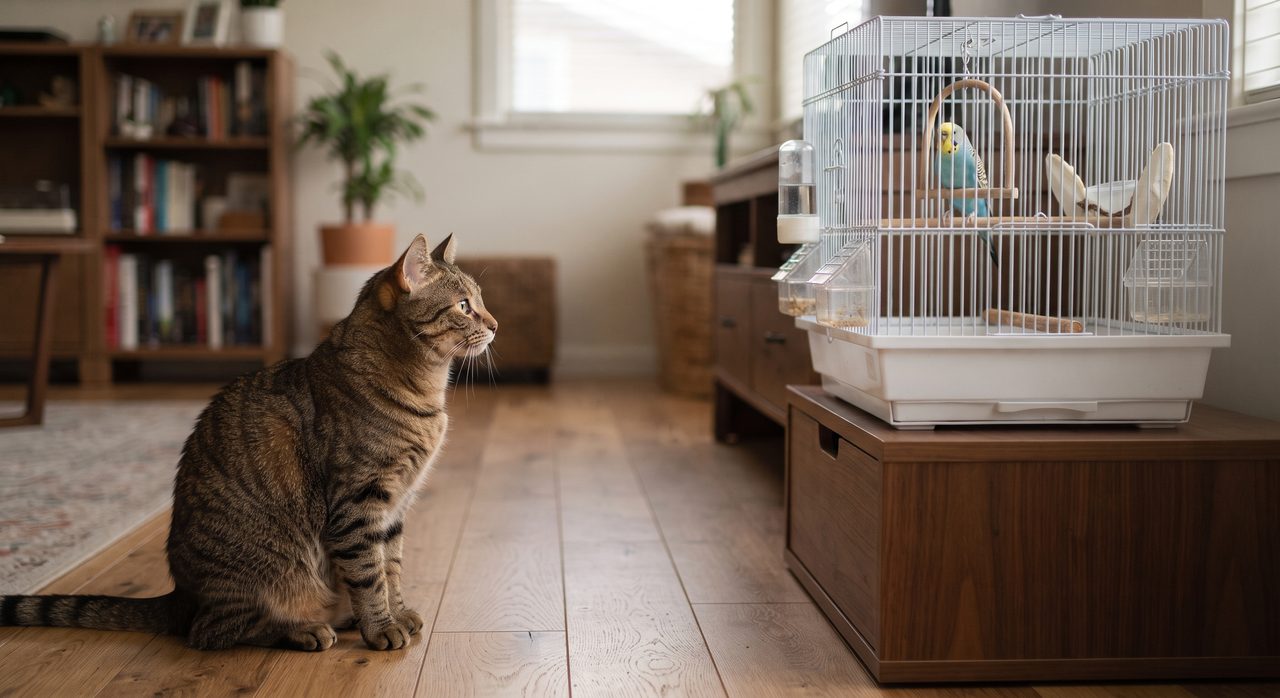 少し離れた床に座った猫が、落ち着いた様子でインコの入ったケージの方向を見つめている様子
