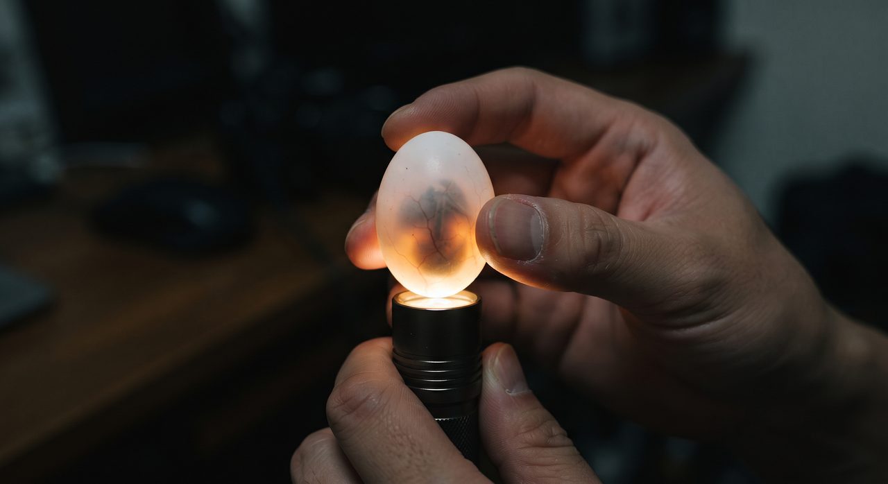 暗い室内で指先に卵を持ち、下から懐中電灯の光を当てて中を透かし見る検卵の様子、有精卵の例として卵の中に血管のような影が枝分かれして見える