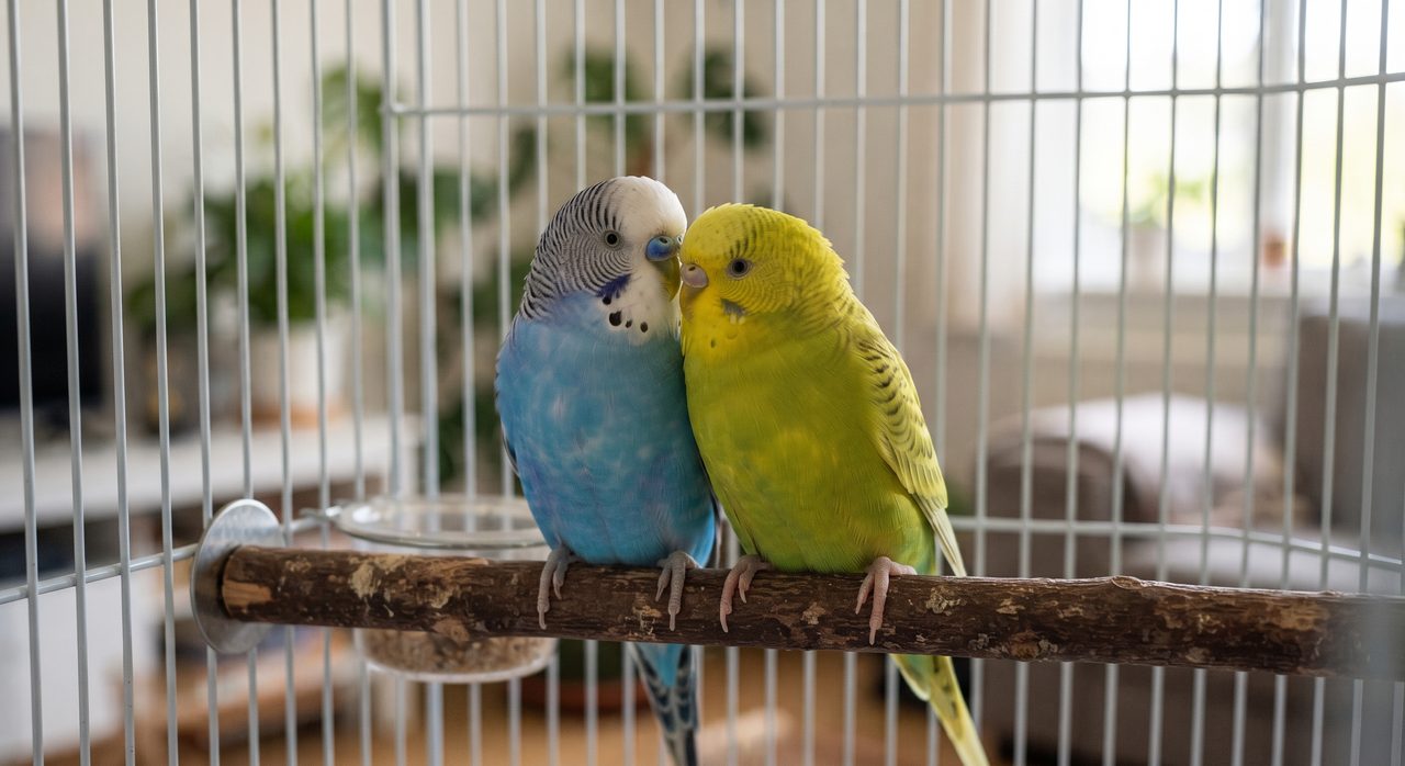 鳥かごの止まり木の上で、水色と黄緑色のセキセイインコ2羽が体を寄せ合って並んでとまっている様子