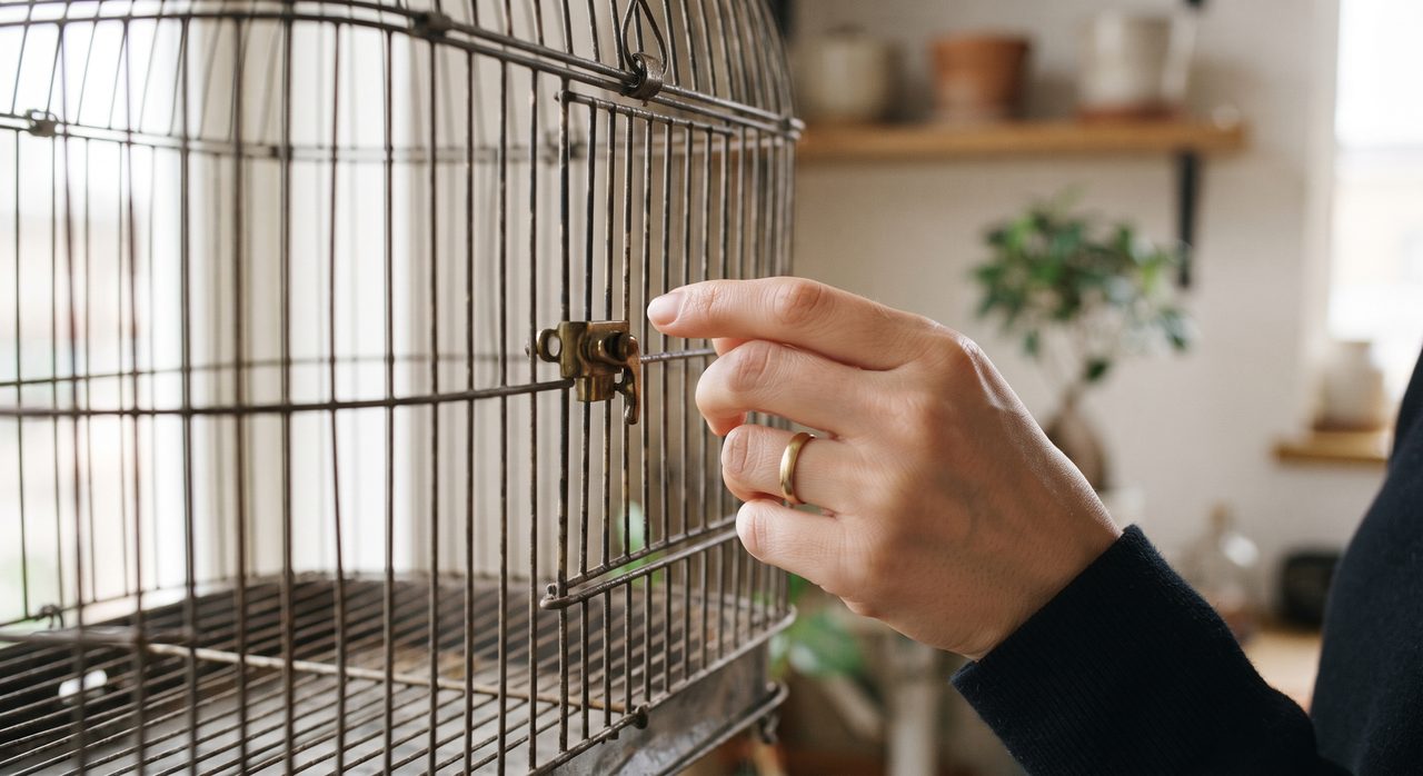 鳥かごの網と留め具の部分を指先でそっと触れて、サビや緩みがないか点検している様子