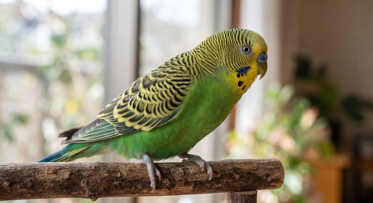 緑色の体に黒いさざなみ状の縞模様がある、ノーマルカラーのセキセイインコが止まり木でくつろぐ横顔のクローズアップ