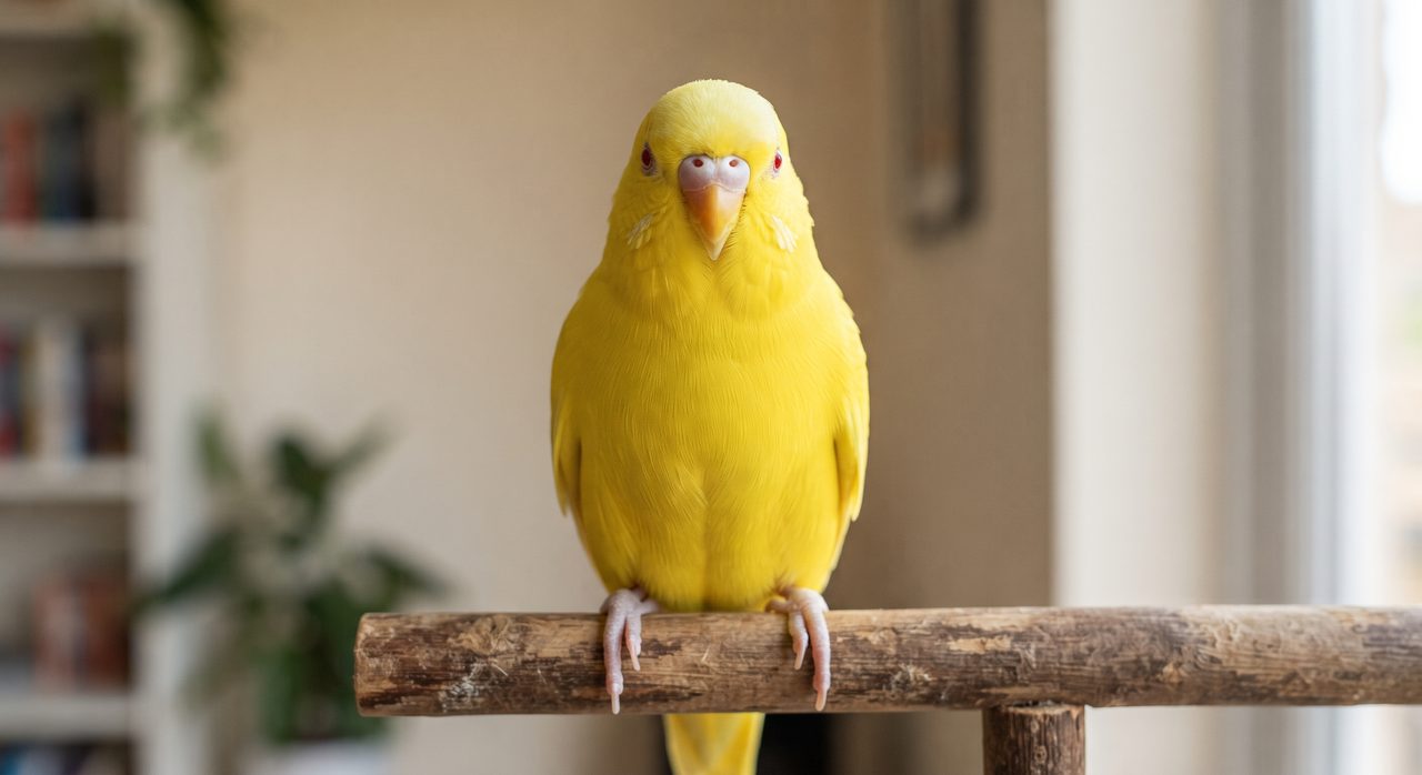 全身が鮮やかな黄色一色で目が赤い、ルチノーカラーのセキセイインコが止まり木で正面を向いている様子
