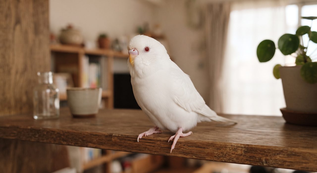 全身が雪のように真っ白で目が赤い、アルビノカラーのセキセイインコが室内の棚の上にとまっている様子