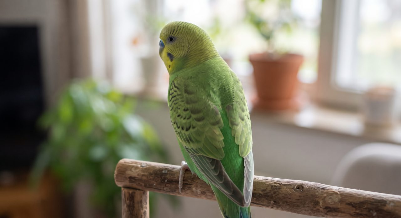 背中の黒い縞模様がほとんど消えて単色に近くなっている、オパーリンカラーのセキセイインコの背中側のクローズアップ