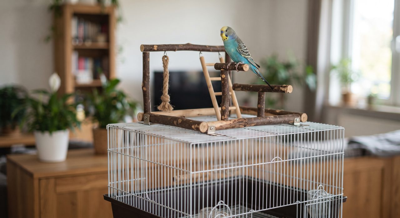 鳥かごの天面に取り付けられたケージ上設置型のバードジムにセキセイインコがとまっている様子
