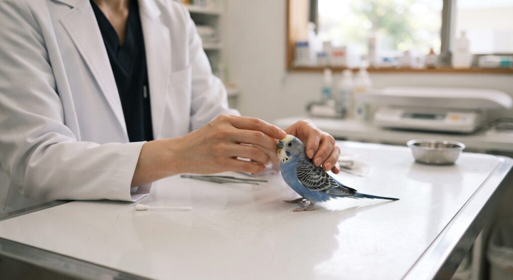 動物病院の診察室、白衣を着た人物の手が診察台の上のセキセイインコに優しく触れている様子(顔は写らない)